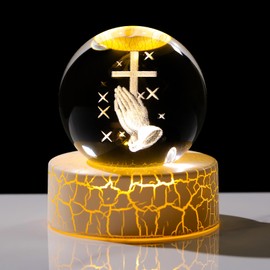 Movdyka Crystal Ball 6cm Praying Cross 3D Engraved Figurines with Warm Lights