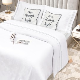 Bedlovesoft King Size 4 Piece Sheet Set Embroidery -Hotel Luxury Bed Linen for Women & Men - Deep Pockets, Easy-Fit, Soft & Wrinkle Free Sheets – White and Grey Stripe