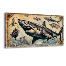JEAWA Canvas Wall Art Decor - Large Creative Wall Art for Bedroom Living Room Bathroom, Modern Artwork Decor for Home Decoration, Big Fierce Sharks, 29x58 IN