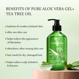 Aloderma Organic Aloe Vera Gel for Skin + Tea Tree Oil, Made within 12 Hours of Harvest, Soothing Pure Aloe Vera Gel for Face, Works Great for Oily Skin, Dry Scalp, Aftershave, Natural Aloe - 10.6 Oz