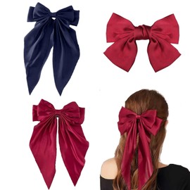 3 PCS Big Bow Hair Clips, Large Bowknot Hairpin French Hair Clips Red Hair Bows for Women with Long Silky Satin Ribbon Solid Color Hair Barrettes Accessories for Women Girls(Red+Navy blue+White)