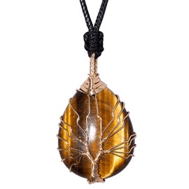 Wizock Simple Tree of Life Wire Wrapped Teardrop Necklace Adjustable Handmade Reiki Crystals Pendant Necklaces for Women and Men (Tiger's Eye)