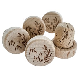 Custom Wine Bottle Stopper - “Mr. & Mrs.” – 5Pcs Real Cork Engraved Wooden T-stopper Wedding Favor Bridal Shower Gift Bachelorette Party Reusable Sealing