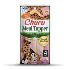 INABA Churu Meal Topper for Dogs, Complete & Balanced, Creamy, Lickable Purée Dog Food Topper, 0.5 Ounce Tube, 4 Tubes (4 per Pack) Chicken with Salmon Recipe