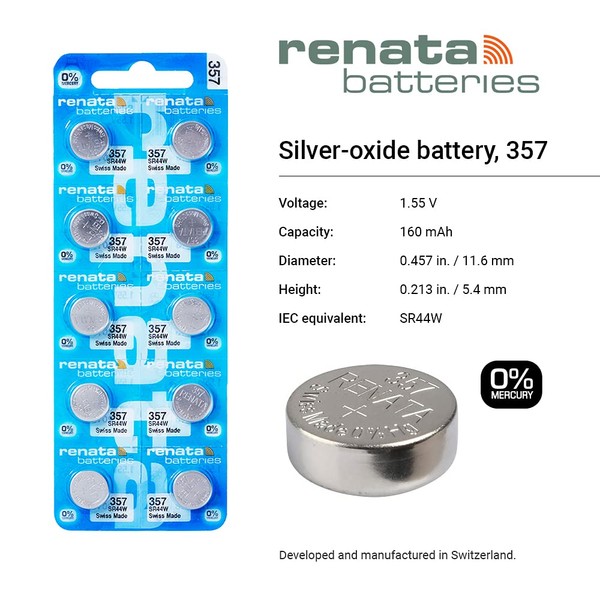 Renata Batteries 357 Silver Oxide 0% Mercury Battery (5 Pack)
