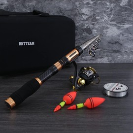 BNTTEAM Portable Fishing Spinning Rod and Reel Combo Set Carbon Fiber Fluorescent Rod Tip, with Fishing Lures Line Carrier Bag Kits for Travel Surf Saltwater Freshwater (Black, 3.6M/141.7in/11.81ft)