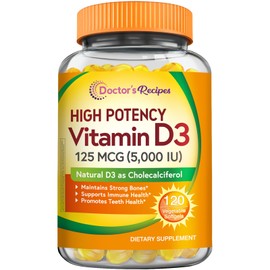 Doctor's Recipes Vitamin D3 5000IU, Immune Support for Bones, Teeth, and Immune Function, Non-GMO, No Gelatin, Gluten or Soy, 120 Vegetarian Softgels