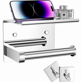 Tindbea Toilet Paper Holder with Phone Shelf + Towel Robe Hooks, Adhesive or Screw Wall Mounted Toilet Paper Roll Storage, Stainless Steel Bathroom Tissue Roll Holder (Polished Chrome)