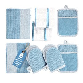 Casa Platino Silicone Oven Mitts Set, 8-Piece – 500°F Heat Resistant Mini Oven Mitt Set, Potholders for Kitchens, 2 Kitchen Towels & 2 Dish Cloths – Durable, Non-Slip & Machine Washable – Cornflower