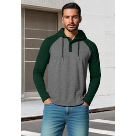 KUYIGO Mens Long Sleeve Hoodies Casual Athletic Workout Color Block Pullover Hooded Sweatshirt with Drawstring,LightGray/DarkGreen,M
