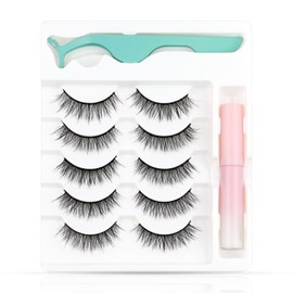 EMEDA Natural lashes with glue and tweezers 5 Pair Natural look eyelashes with lash glue 3D Short Natural false lashes Kit Strip Fake Lashes With Applicator (Natural 1)