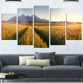 Designart Summer Wheat Fields Slovakia-Landscape Glossy Metal Wall Art, 60x32-5 Panels Diamond Shape, Gold