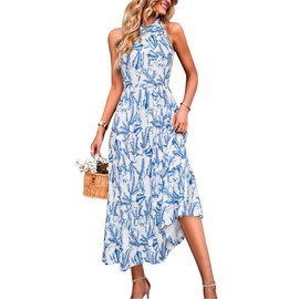 STYLEWORD Women’s 2025 Summer Dress Maxi Vacation Floral Halter Neck Sleeveless Flowy Sundress with Pockets(White Blue Leaf,M)
