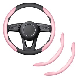 HHZL 2-Piece Steering Wheel Cover, Carbon Fiber Segmented Steering Wheel Protector, Universal and Anti-Slip Durable Car Leather Protective Cover, Car Interior Accessories for Women and Men (Pink)