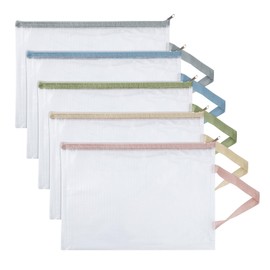 Valtiner 5Pcs A4 Mesh Zipper Pouch Bags with Handle, 13x9 Inches 5 Colors Clear Waterproof Plastic Storage Bag, Reusable Organizing Pouches for Toy File Board Game (Single Layer)