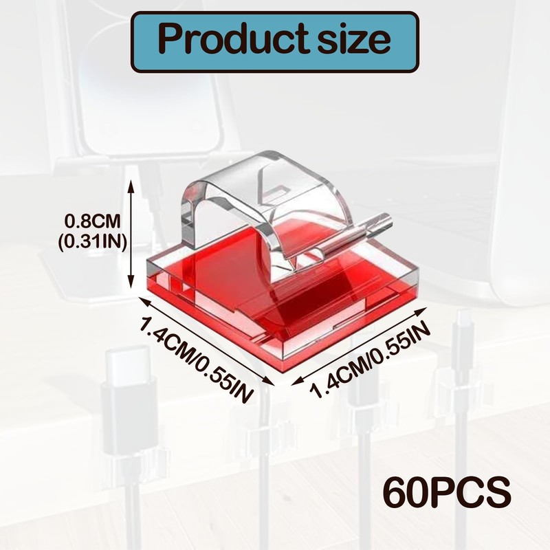 60PCS Cable Hooks Transparent Wire Hooks for Cables Plastic Stick