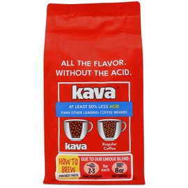 Kava Low Acid Ground Coffee – Medium Roast Arabica, Smooth Flavor, Stomach Friendly, Gluten Free, Kosher, 12 oz Bag