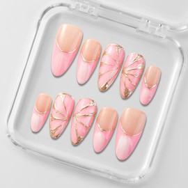 Zfans Almond Shape DreamWear Collection - 100% Handcrafted 3D Press-On Nails | Reusable, Long-Lasting, Salon-Quality Mint Bloom Eco-Friendly Nail Art Set:_Butterfly Kiss Pink - Nude_l