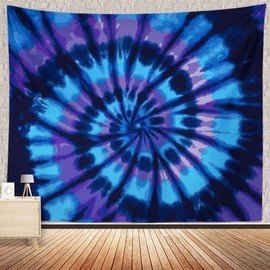Blue Tie Dye Spiral Tapestry, Psychedelic Purple Blue Black Colorful Dyed Batik Art Wall Hangings Tapestry for Bedroom Living Room Office Dorm Man Cave Background(80x60 Inch)