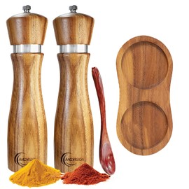 Wooden Salt and Pepper Grinder Set 2 Pack – Adjustable Coarseness, Acacia Wood Mills with Ceramic Core, Includes Matching Tray and Spoon, 8 Inch Refillable Shakers for Kitchen and Dining