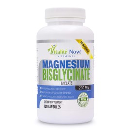Vitalité Now! Magnesium Bisglycinate 200mg - 100% Chelated Capsules for Superior Absorption - Gentle Formula, No Laxative Effect - Sleep Energy Cramps Muscle Support - Fully Reacted & Buffered