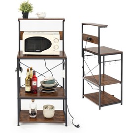 Homy Casa 4-Tier Kitchen Bakers Rack with Power Outlet, Microwave Stand with 6 S-Shaped Hooks, Kitchen Storage Shelf Rack Coffee Bar Table for Kitchen Dining Living Room, Rustic Brown