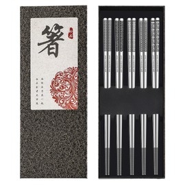 5 Pairs Stainless Steel Chopsticks - Reusable, Dishwasher Safe, Square, Lightweight, Laser Engraved, Non-Slip - 304 Metal Chop Sticks