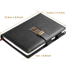 Kesote Black Journal with Lock, Refillable Faux Leather Lock Diary Notebooks Planner Organizer with Pen, A5 College Ruled 210 Lined Pages Locking Journal Notebook