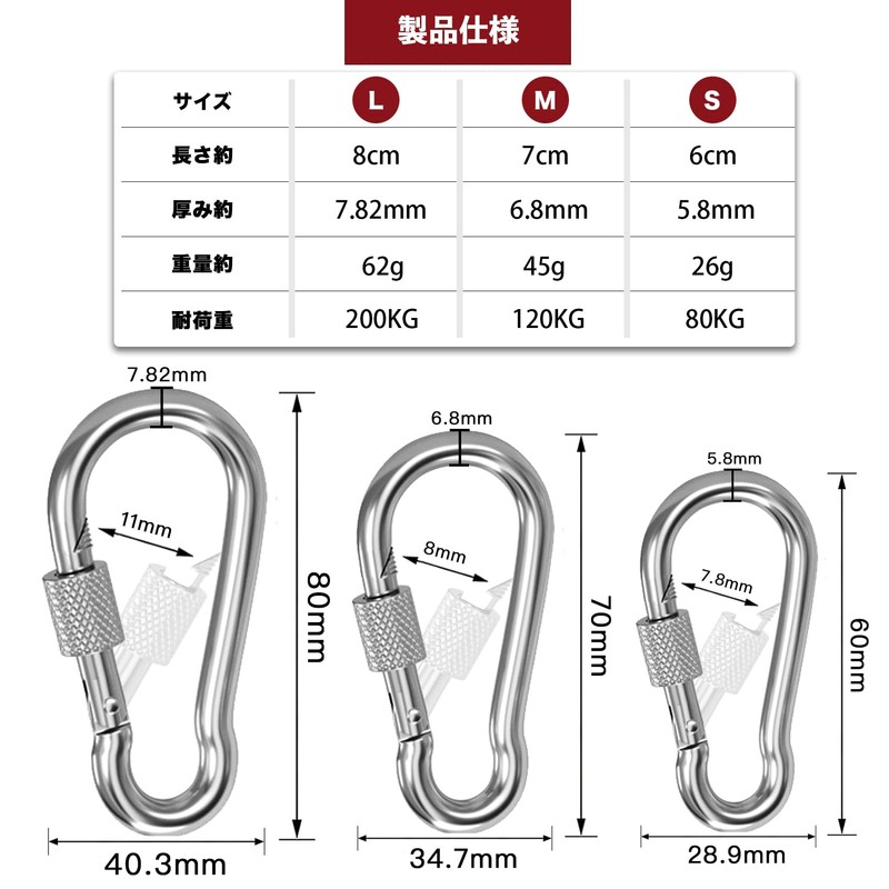 Wlikn Carabiner, 304 Stainless Steel, Load Capacity 440.1 lbs (200