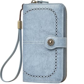 TFKGS Wallet for Women RFID Blocking Leather Large Capacity Card Holder Ladies Phone Clutch Travel Long Purse Wristlet, Upgrade-wax-blue, Women's Wallets, Card Cases & Money Organizers