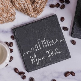 Blue Ridge Mountain Gifts - Miami FL Skyline Coasters, Set of 4 - Miami Florida Souvenir, Slate Coasters with Minimalist Skyline, Housewarming Gift for Friends, Family, & Neighbors