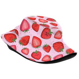 Pink Strawberry Kawaii Fruit Bucket Hat Packable Breathable Sun Hats for Women Men Teens Unisex Summer Travel Beach Fisherman Cap