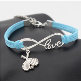 Infinity Love Tennis Bracelet for Women – Adjustable Blue Suede Cord with Tennis Racket Charm – Sports Jewelry Gift