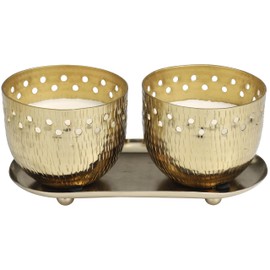 Deco 79 Metal Decorative Candle Jasmine Scented Cutout Spotted 7 oz 1 Wick Aromatherapy Candle with White Wax, Set of 2 Wax Aromatherapy Candle 8" W, 4" H, Gold