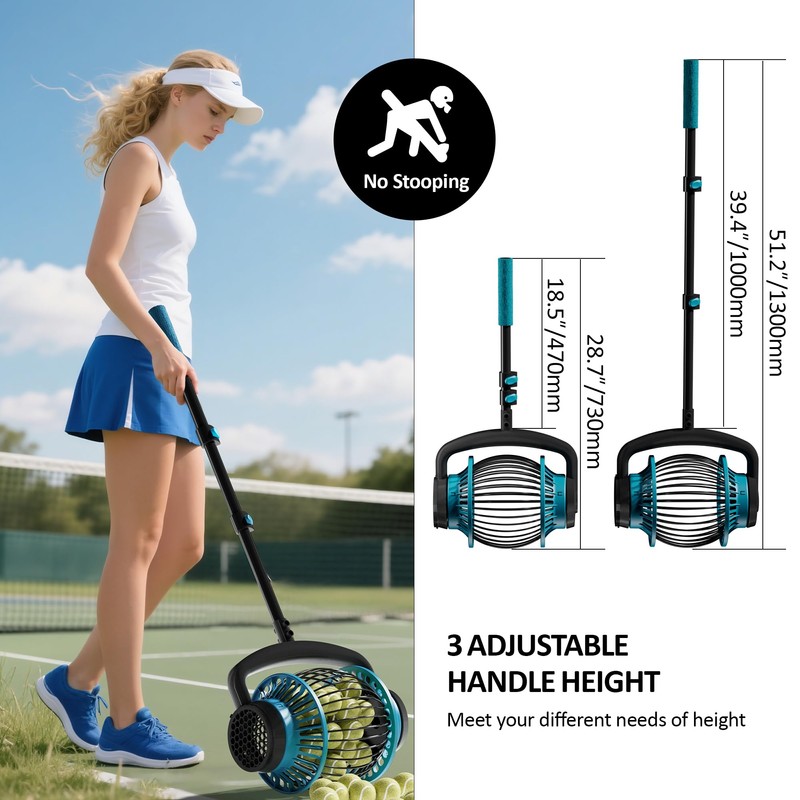 Tennis Ball Collector Roller with Adjustable Handle, No-Bend Quick Rolling