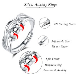 Loutade Silver Anxiety Rings, 925 Sterling Silver Women's Anxiety Ring, Freely Adjustable Anti-Anxiety Decompression Rings, Infinity Spinner Fidget Ring with Beads Band, Unisex Fidget Ring, Fidget Rings