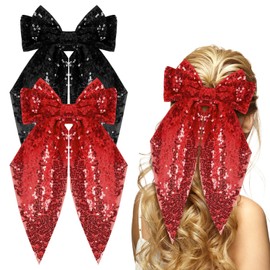 2Pcs Girls Glitter Bow Hair Clip Women Large Bowknot Hair Tie Girl Bowknot Hairpin Sparkly Bow Hair Barrettes Vintage French Hair Clip Long Lace Style Hair Accessories (Red/Black)