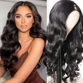 Emistar Wavy V Part Wig Wear And Go Glueless U Part Wig Body Wave Natural Black Synthtic Hair Soft As Human Hair Half Wigs For Black Women (#1B, 22 Inch)