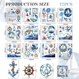 GOMAKERER 12 Sheets 12 Style Decals for Rub On, 14 x 14 cm Nautical Elements Scratch Transfer Blue Printed Rub On Sticker for Window Furniture Craft Scrapbook Sticker
