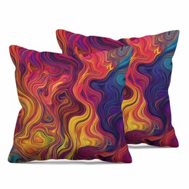 Pobtlo Colorful Chaotic Waves Pillow Covers 20 x 20 Inch Set of 2 Rainbow Purple Fuchsia Pink Red Orange Gold Blue Decorative Throw Pillows Cushion Case for Living Room Sofa Polyester Covers
