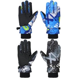 Honoson 2 Pares Guantes de Nieve de Invierno para Niños Guantes de Esquí Cálidos Impermeables a Prueba de Viento Guantes de Snowboard para Niños Pequeños (Patrón Retro, 4-8 años)