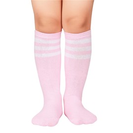 Zando Kids Child Cotton Three Stripes Sport Soccer Team Socks Uniform Tube Cute Knee High Stocking for Boys Girls D Pink w White One Size for 3-5T