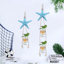 Meching Wall Hanging Planter Glass Set of 2, Nautical Beach Decor Plant Propagation Vase With Resin Starfish, Indoor Mediterranean Style Home Decor