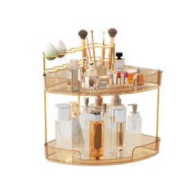 2-Tier Makeup Organizer for Vanity, Corner Bathroom Counter Storage with Makeup Brush Holder, Space-Saving Corner Organizer for Bathroom Dresser, Skin Care & Beauty Storage for Dresser - Amber