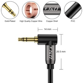 J&D 1/8 Stereo Cable, 90 Degree Right Angle Copper Shell 3.5mm Stereo Audio Aux Cable for Tablet MP3 Player and All Other Devices, 4.5 Meter