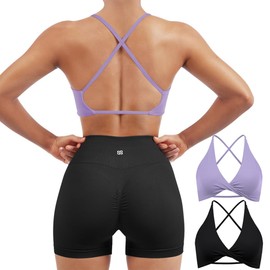 SUUKSESS Women 2 Piece Open Back Strappy Sports Bra Pack Twist Front V Neck Padded Workout Crops (#2 Purple & Black, M)