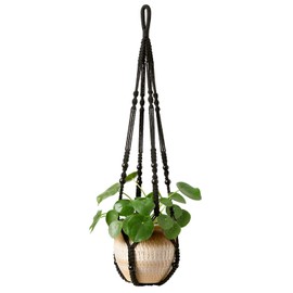 Mkono Macrame Plant Hanger Indoor Hanging Planter Basket with Wood Beads Decorative Flower Pot Holder No Tassels for Indoor Outdoor Boho Home Decor 35 Inch, Black, Set of 1 (POTS NOT Included)