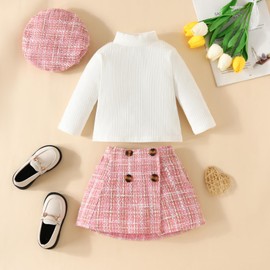 Baby Girl Outfit Clothes Autumn High Necked Long Sleeve Ribbed Toddler Girl Clothing Pullover Top Plaid A Line Short Skirt Set Girl Dress (Pink, 12-18 Months)