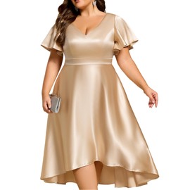 Ever-Pretty V Neck Satin Short Sleeves Plus Size Cocktail Wedding Guest Dresses for Curvy Women with Pockets Champagne US24