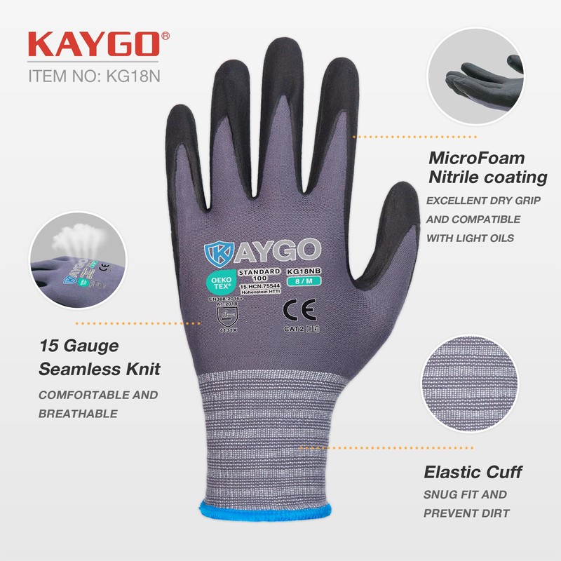 KAYGO Safety Work Gloves 6 Pairs MicroFoam Nitrile Coated- Seamless